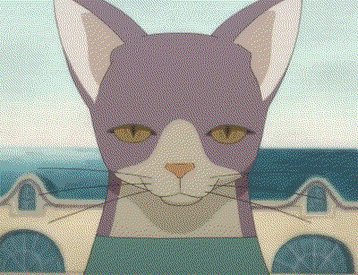 A screenshot of an anime; A shoulders-up view of a cat wearing a t-shirt.