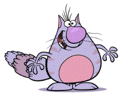 A fat, striped cat with a huge bulbous nose and fluffy tail.