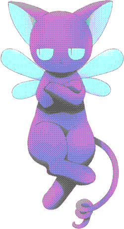 A cat creature with dragonfly wings and a curly tail.