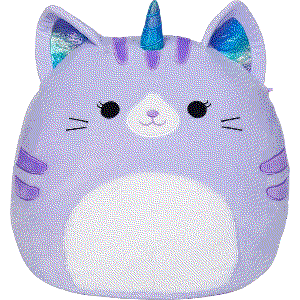 A cat unicorn with iridescent ears and horn.