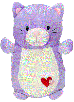 A full-body purple cat with a white belly and muzzle. Embroidered hearts on his belly.