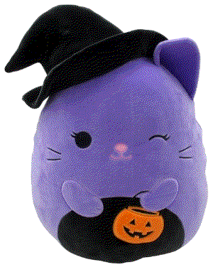 A cat wearing a witch hat and holding a jack-o-lantern candy bucket.