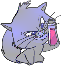 An evil kitten holding a corked vial of pink liquid.